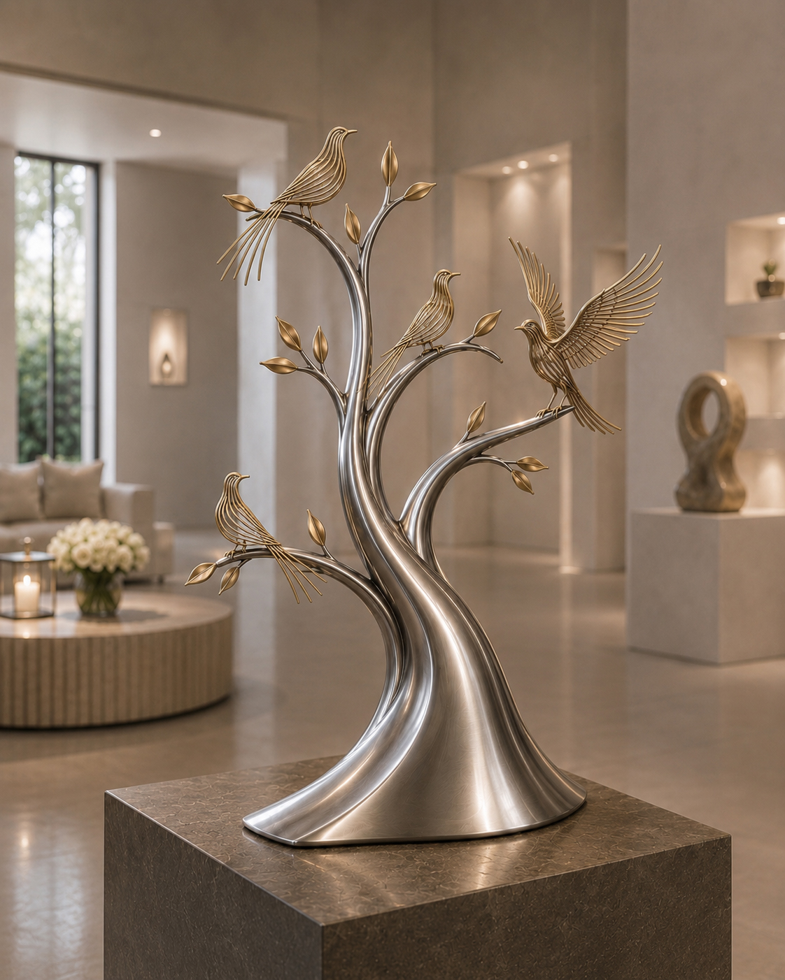 RVS design urn L’Arbre des Souvenirs met boom en goudkleurige vogels